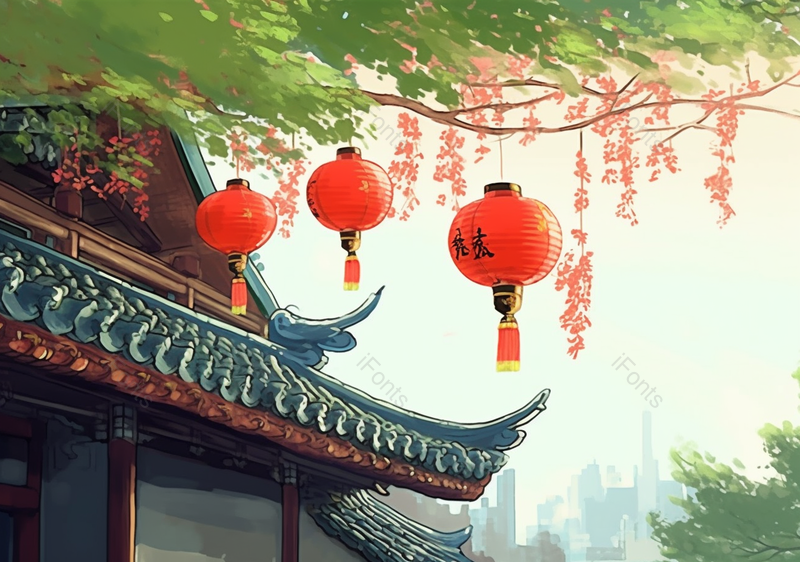 中国风中式屋檐红灯笼插画背景,插画/手绘图,插画/手绘图库,插画/手绘图下载,插画/手绘